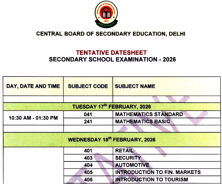 CBSE Board Time Table 2026