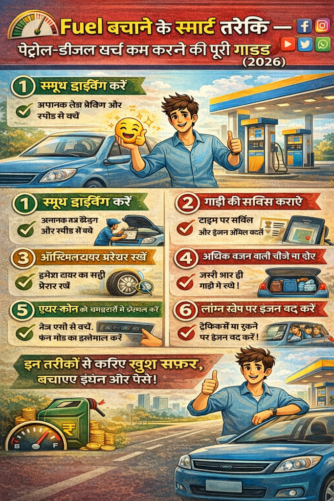 Fuel बचाने के स्मार्ट तरीके — पेट्रोल-डीज़ल खर्च कम करने की पूरी गाइड (2026) 2 Fuel बचाने के स्मार्ट तरीके